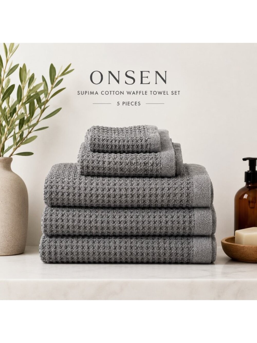 Onsen Waffle Bath Towels Set 5 Supima Cotton Gray 3 Bath Hand Face Towels